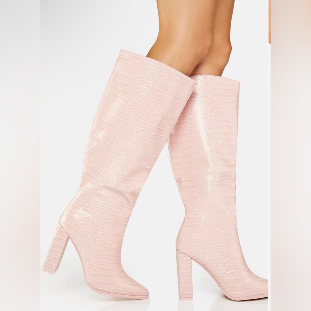 Public Desire Pink Posie Knee High Heeled Boots Light Pink Vegan Crocodile dolls